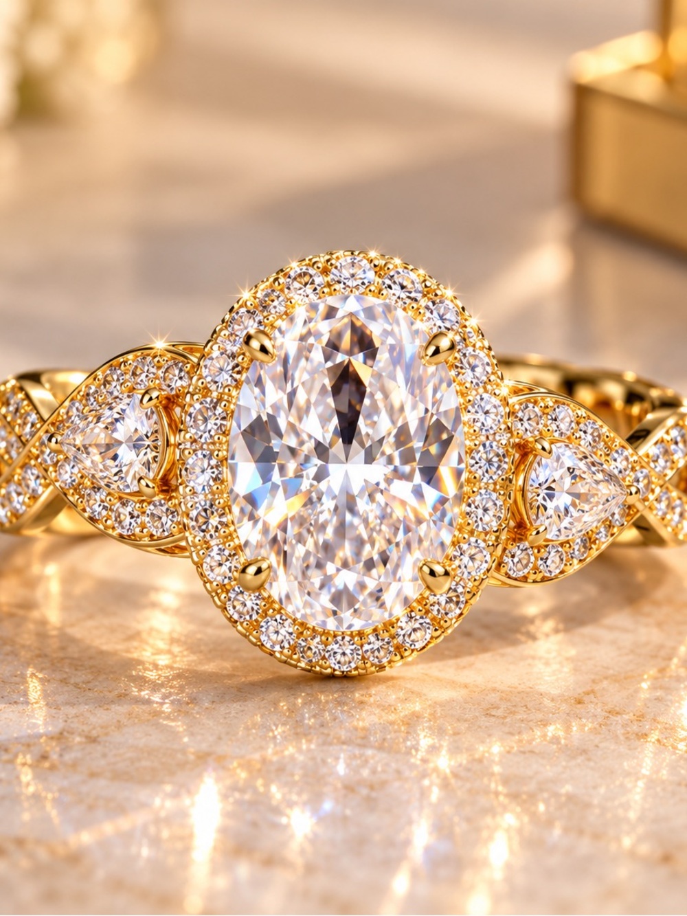 18K Gold Filled Oval Halo Clear Stone Statement Engagement Ring Size 7